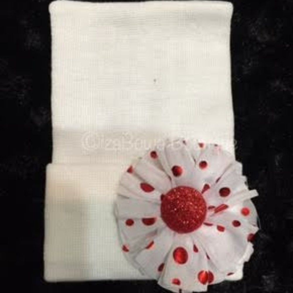 ***** Newborn Hat with White and Red Flower WRFNH Handmade NWT Boutique
